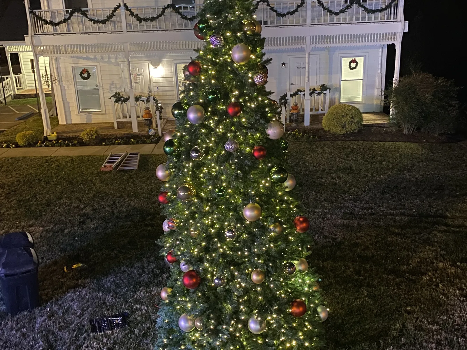 A tall lit Christmas tree with red and gold ornaments on the lawn of a home in White House, Tennessee